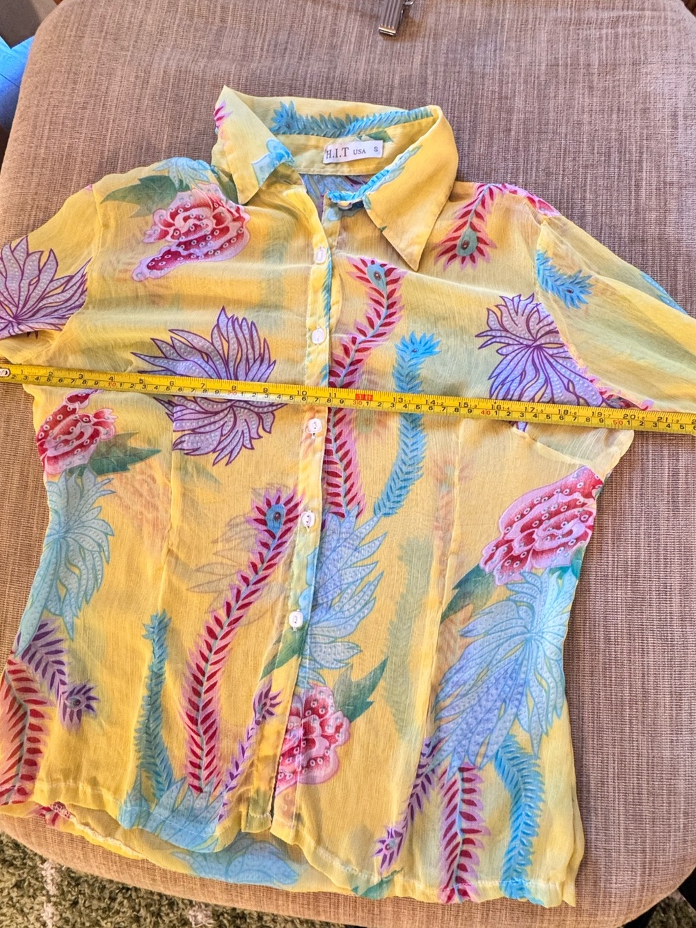 Vintage H.I.T. Yellow Sheer Floral Button-Up Blouse - Picture 7 of 9